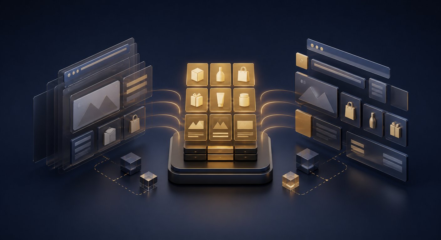 Le catalogue et les contenus Shopify restent au centre pendant que l'ancien thème laisse place à une nouvelle interface modulaire