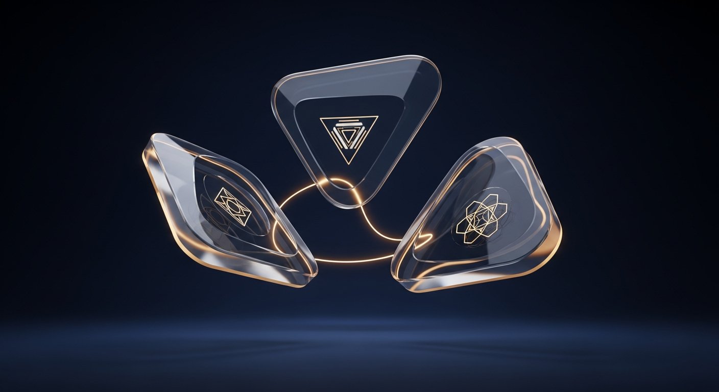 Les 3 serveurs MCP Shopify : Storefront, Customer Accounts et Dev MCP Trois panneaux glass triangulaires dorés flottant en réseau, représentant les 3 serveurs MCP Shopify