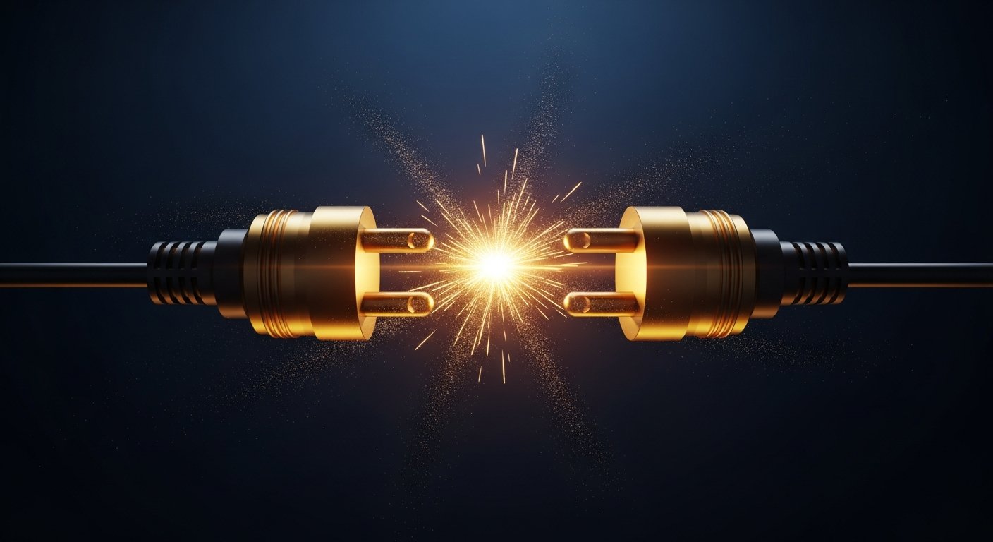 Connexion entre Claude Desktop et Shopify via le protocole MCP Deux connecteurs dorés se rejoignant avec un éclair central, représentant la connexion Claude Desktop et Shopify