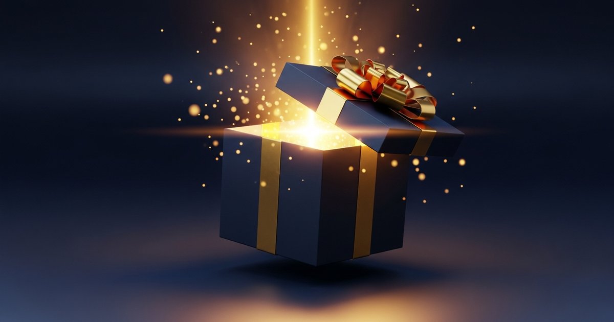 Coffret cadeau premium navy et gold s'ouvrant avec lumière dorée intense, métaphore du thème Speedfly tout en un avec 50 fonctionnalités intégrées