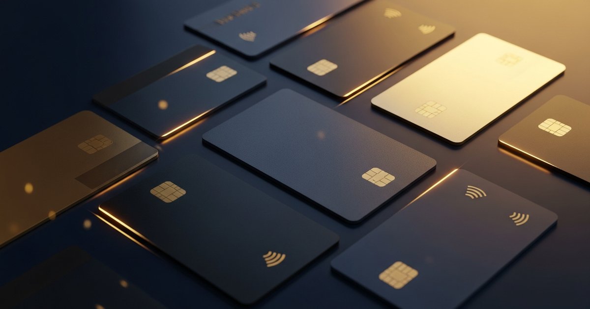Pile de cartes bancaires premium éparpillées sur fond navy avec lumière dorée, illustration du coût caché de 200 euros par mois en abonnements apps Shopify