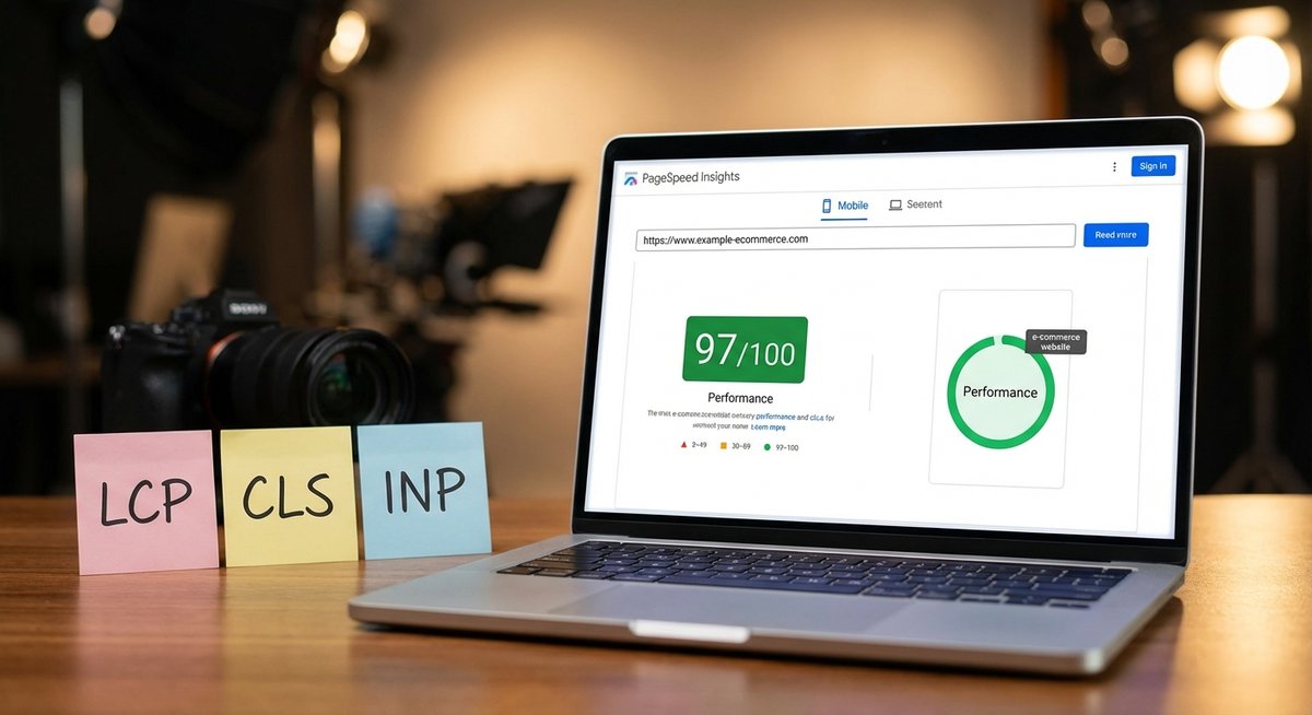 Score PageSpeed Insights 97/100 avec les métriques LCP, CLS et INP affichées sur un laptop, critères de choix d'un thème Shopify performant