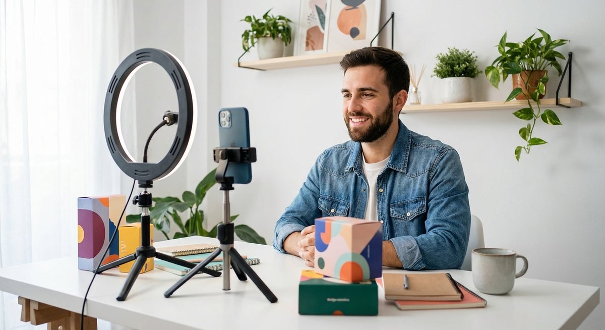 Création de vidéo publicitaire pour TikTok Ads avec ring light et smartphone, setup home studio pour e-commerce