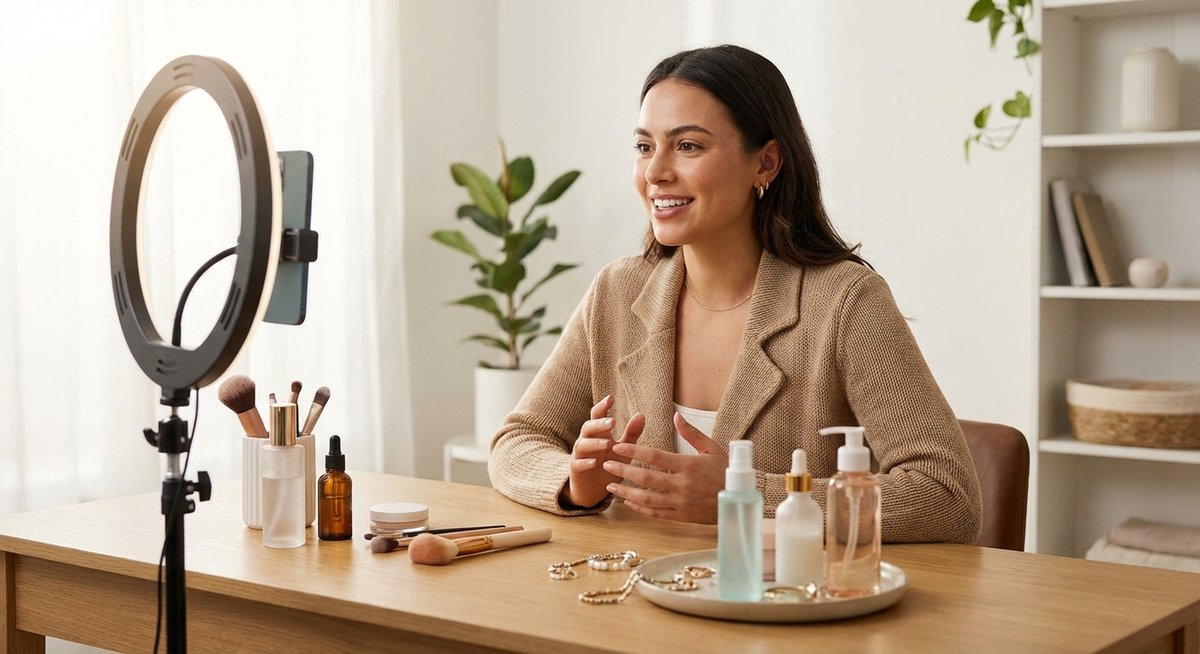 Créatrice en live shopping TikTok depuis son studio home office, ring light, produits beauté, atmosphère professionnelle