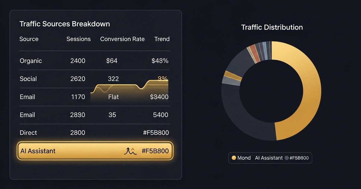 Dashboard Shopify Analytics montrant les sources de trafic avec une ligne IA surlignée en or, trafic ChatGPT avec taux de conversion supérieur aux autres canaux