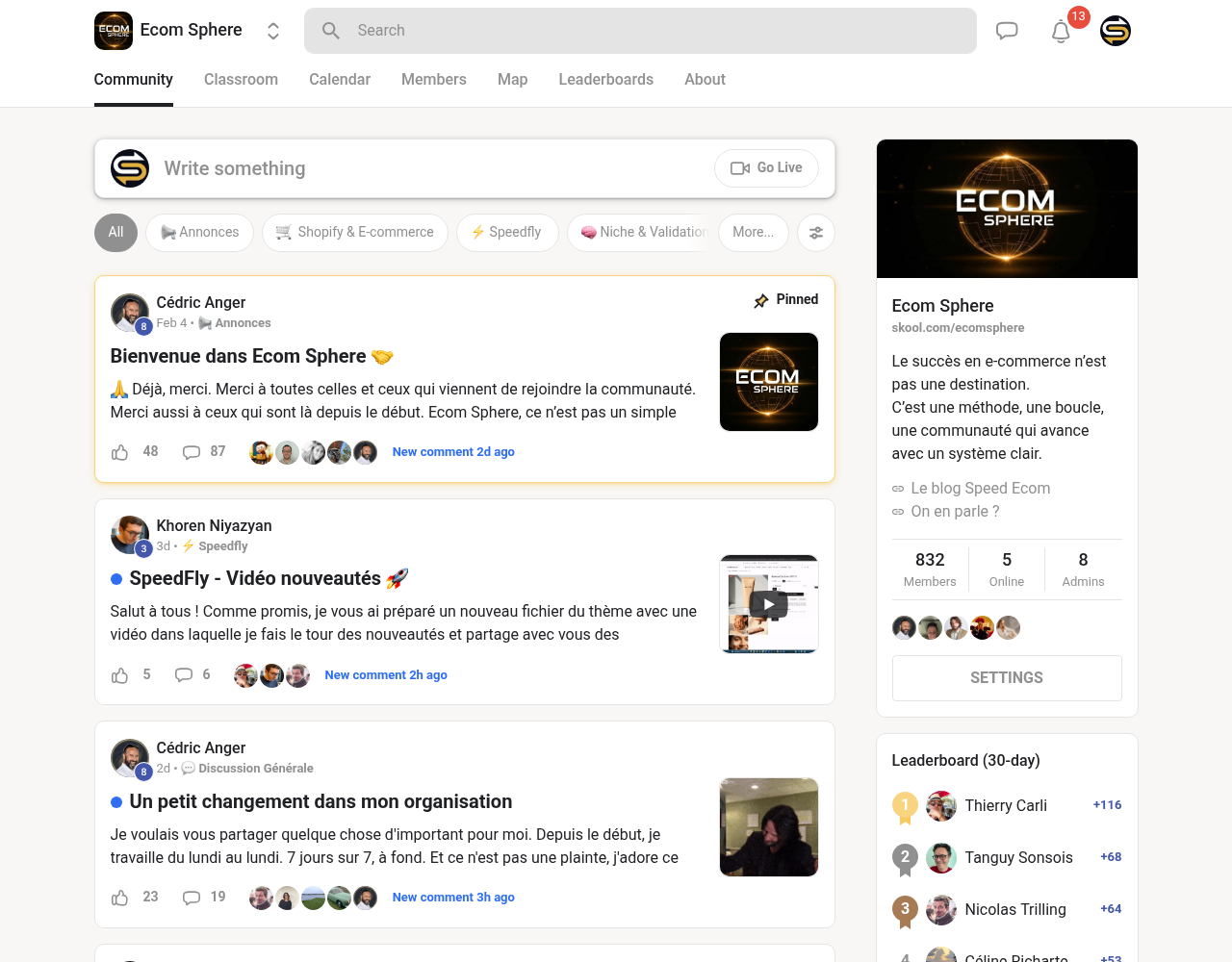 Le feed de la communauté Ecom Sphere sur Skool : posts des membres, catégories Shopify, TikTok, SEO et le classement