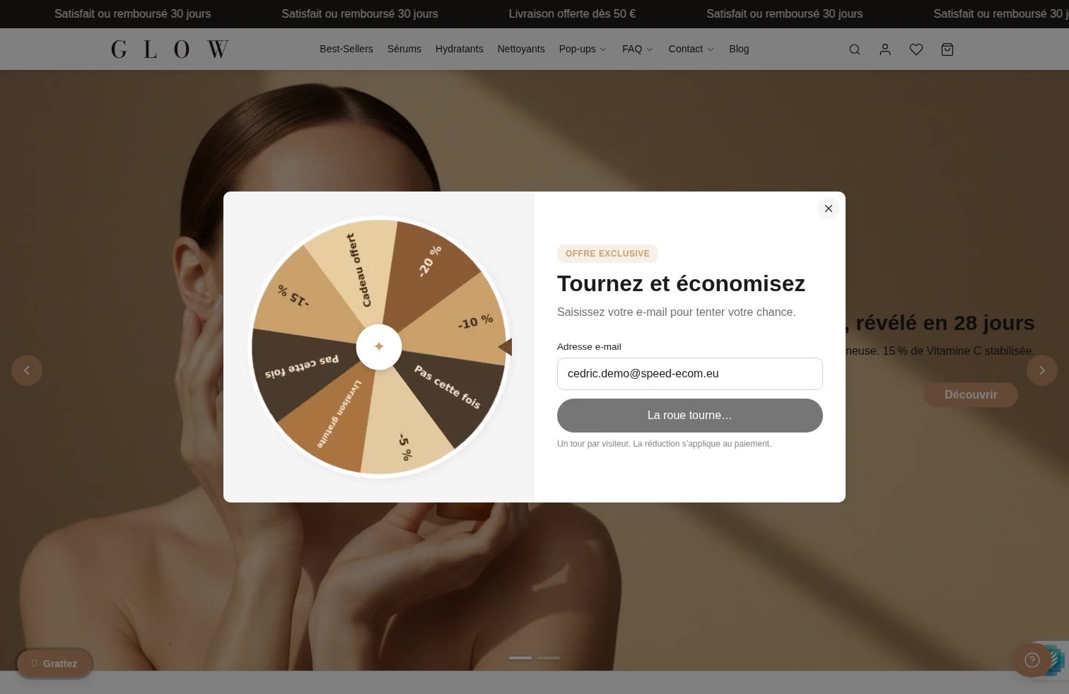 Aperçu Pop-up roue de la fortune sur la démo Speedfly