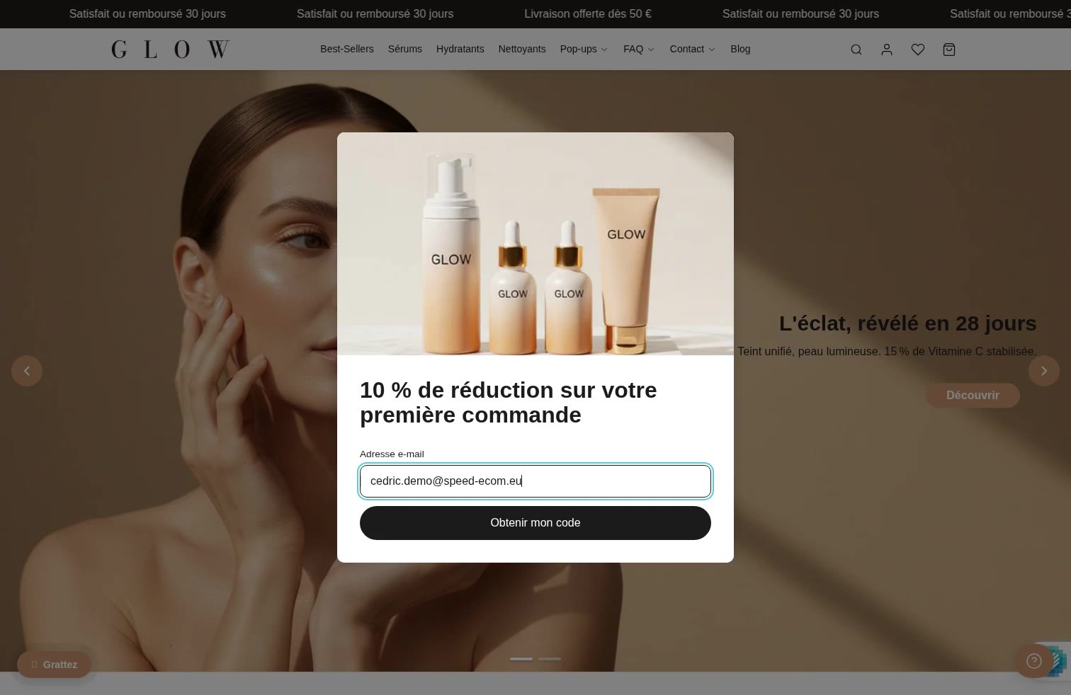 Aperçu Pop-up newsletter sur la démo Speedfly