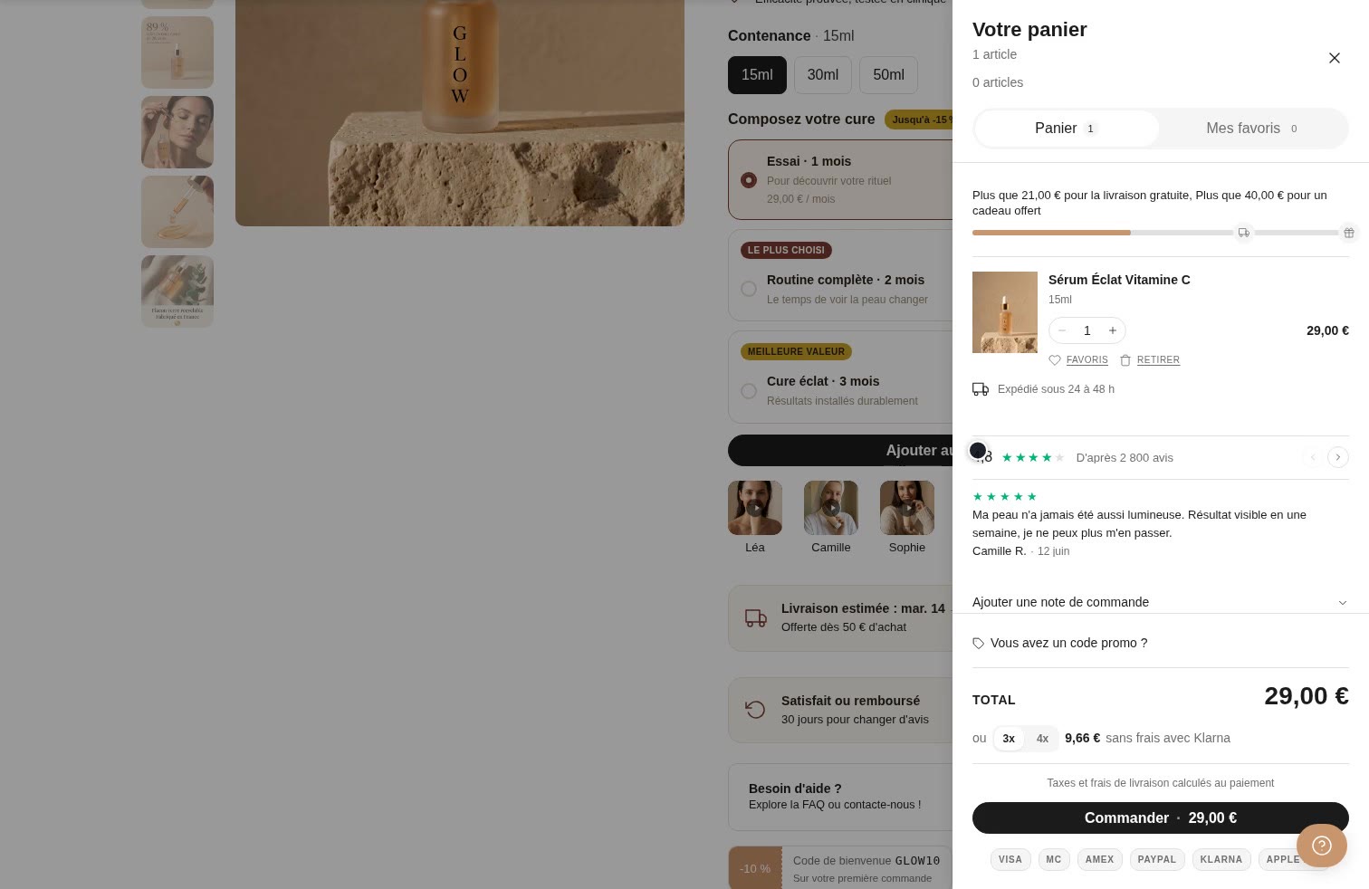 Aperçu ordinateur de Tiroir + page panier sur Maison GLOW