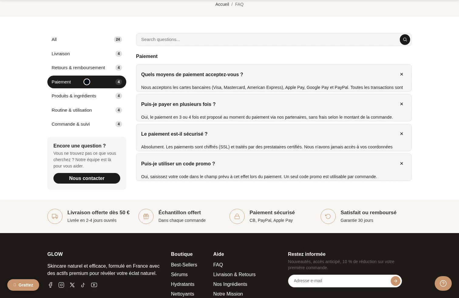 Aperçu FAQ avec barre latérale sur la démo Speedfly