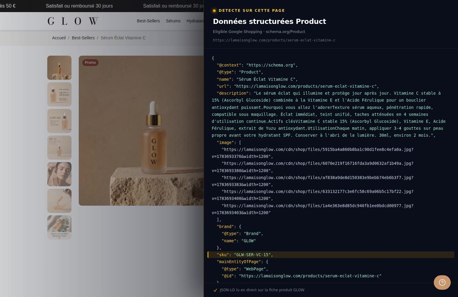 Aperçu ordinateur de Données structurées produit (JSON-LD) sur Maison GLOW
