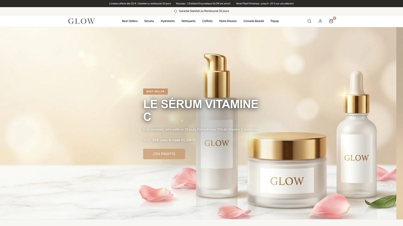 Page d'accueil réelle de la boutique démo GLOW Skincare, montée avec Speedfly